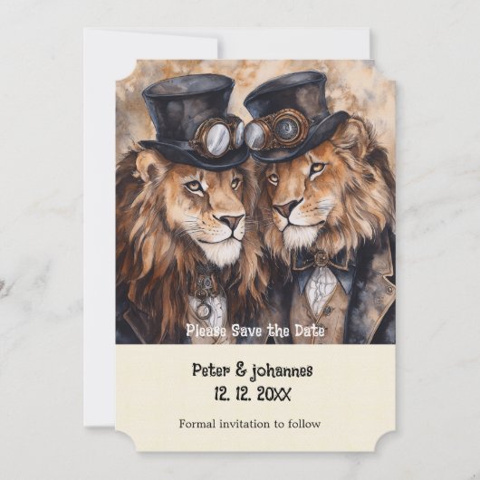 2頭の雄ライオン スチームパンク 結婚式のご案内 招待状 (正面)