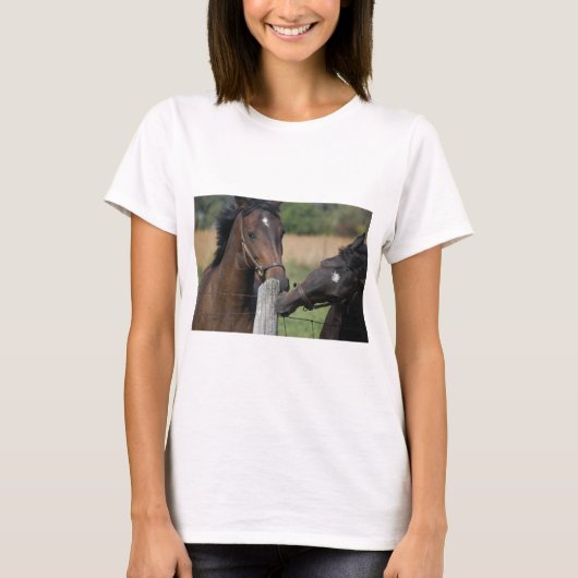2頭の馬がフェンスの柱を噛む Tシャツ (正面)