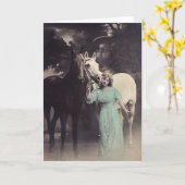 2頭の馬が付いている緑の服のエレガントな女性 カード (黄色い花)