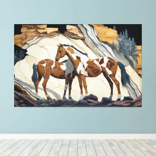 2頭の馬が岩の上で休憩を取る。キャンバスの柱 キャンバスプリント (インサイチュ (ウッドフロア))