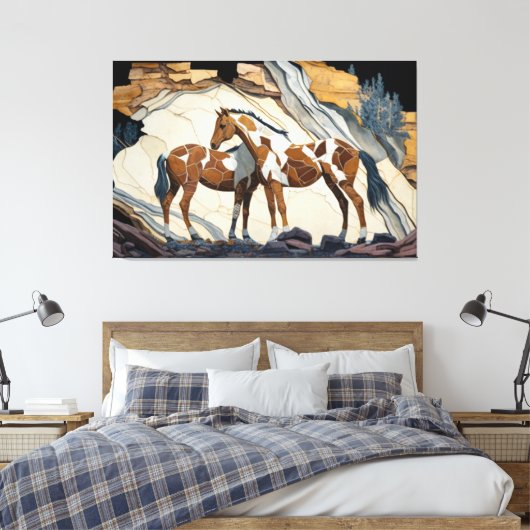 2頭の馬が岩の上で休憩を取る。キャンバスの柱 キャンバスプリント (インサイチュ (寝室))