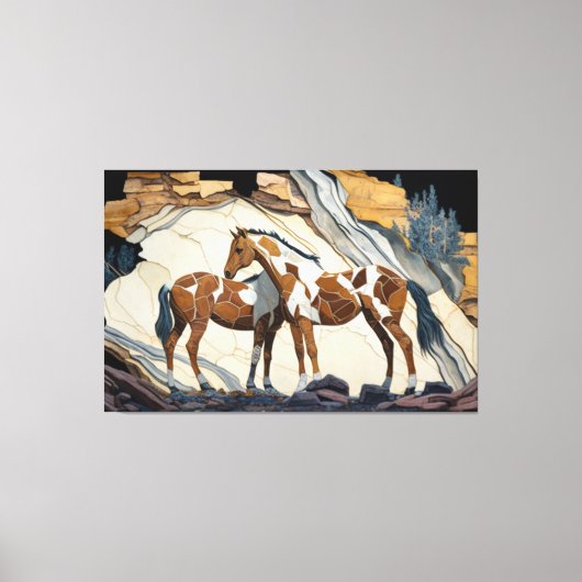 2頭の馬が岩の上で休憩を取る。キャンバスの柱 キャンバスプリント (正面)