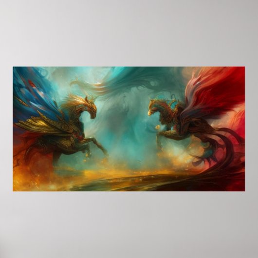 2頭の馬が駆けモダン回る抽象芸術アート2 ポスター (正面)