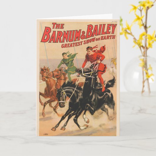 2頭の馬にまたがった男たちとサーカスのレース。 カード (黄色い花)