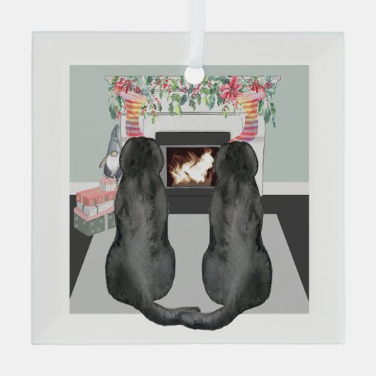2頭の黒いラブラドールドッグのクリスマス暖炉のシーン ガラスオーナメント (裏面)