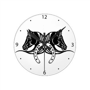 2頭の黒い馬と蹄鉄 ラウンド壁時計
