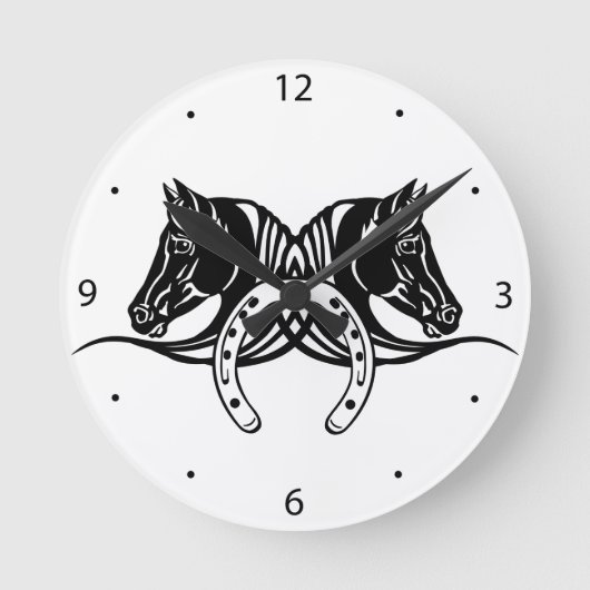 2頭の黒い馬と蹄鉄 ラウンド壁時計 (正面)