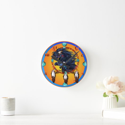 2頭の黒い馬の曼荼羅 ラウンド壁時計 (ホーム)