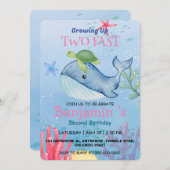 2高速かわいいブルーシーコーラルタートルクジラ誕生日 招待状 (正面/裏面)