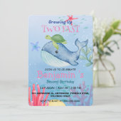 2高速かわいいブルーシーコーラルタートルクジラ誕生日 招待状 (スタンド正面)