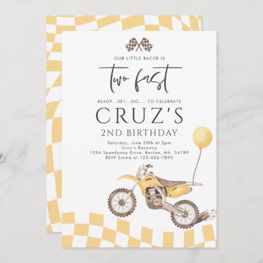 2高速イエローダートバイクボーイ2nd誕生日パーティー 招待状 (正面/裏面)
