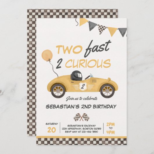 2高速イエローレースカー2nd誕生日パーティー 招待状 (正面/裏面)