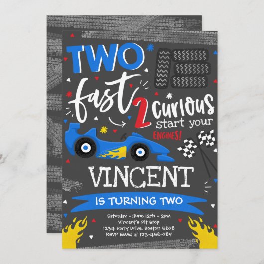 2高速バースデーパーティー赤いレースカー2nd誕生日 招待状 (正面/裏面)
