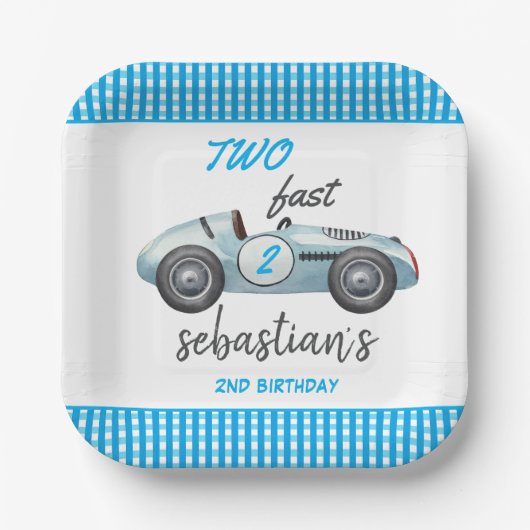 2高速ブルーレースカー2nd誕生日招待状 ペーパープレート (正面)