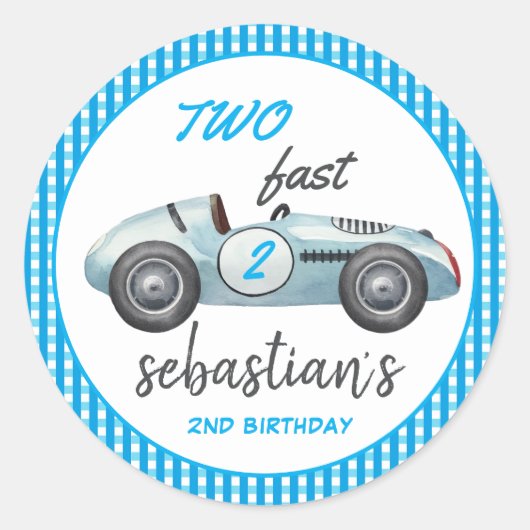 2高速ブルーレースカー2nd誕生日招待状 ラウンドシール (正面)