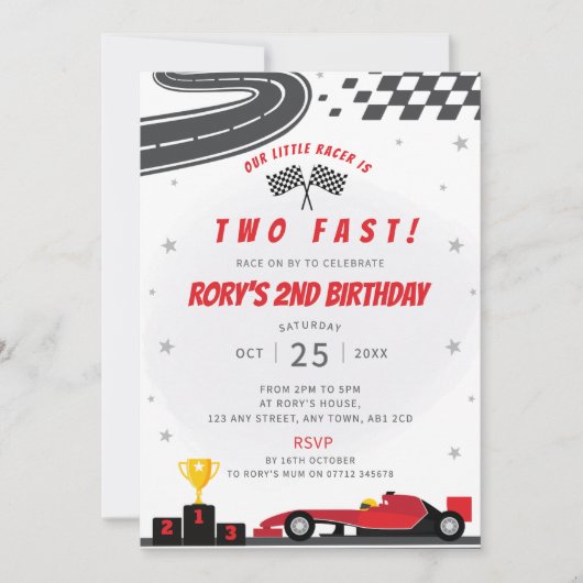 2高速レッドレーシングカー2nd誕生日パーティー招待状 招待状 (正面)