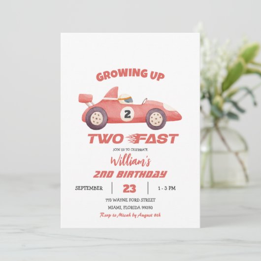 2高速レッドヴィンテージレースカー第2誕生日 招待状 (スタンド正面)
