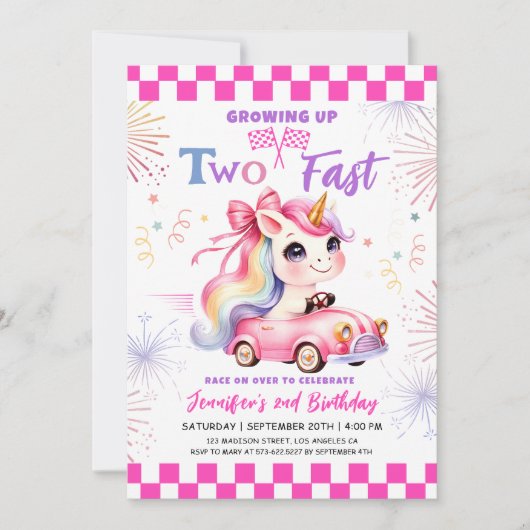 2高速レースピンクカーガール2nd誕生日パーティー 招待状 (正面)