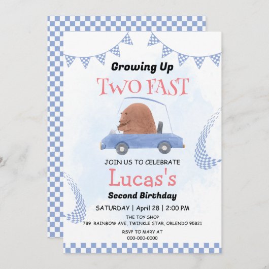 2高速ワイルドジャングルレースカー2nd誕生日パーティー 招待状 (正面/裏面)