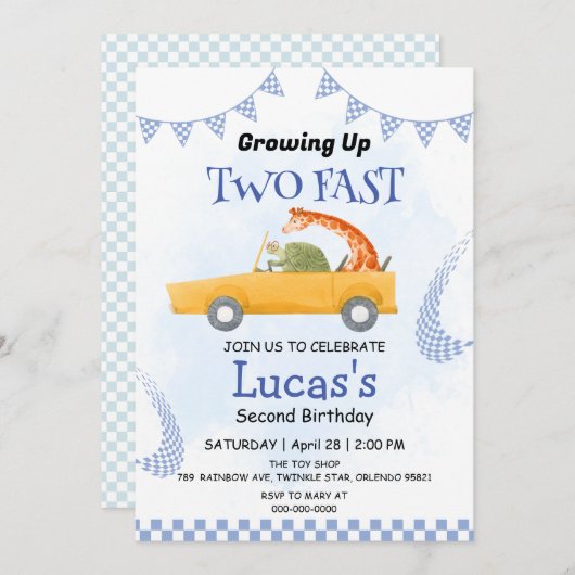 2高速ワイルドジャングルレースカー2nd誕生日パーティー 招待状 (正面/裏面)