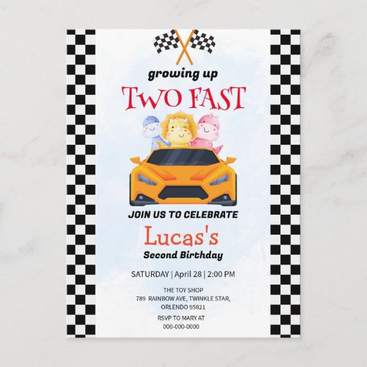 2高速恐竜レースカー2nd誕生日パーティー ポストカード (正面)