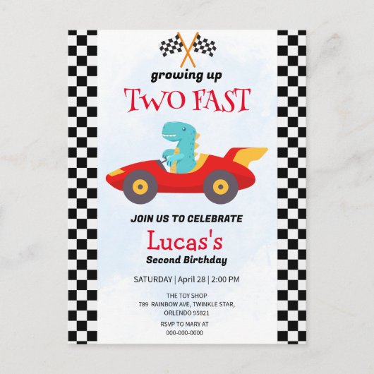 2高速恐竜レースカー2nd誕生日パーティー ポストカード (正面)