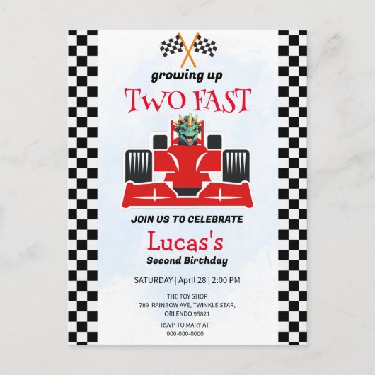 2高速恐竜レースカー2nd誕生日パーティー ポストカード (正面)