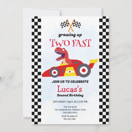 2高速恐竜レースカー2nd誕生日パーティー 招待状 (正面)