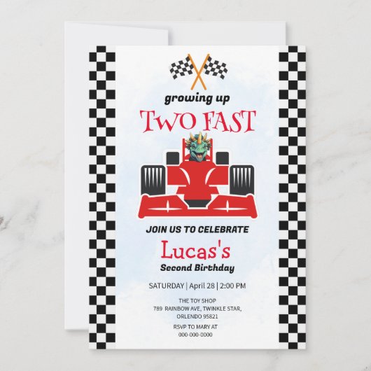 2高速恐竜レースカー2nd誕生日パーティー 招待状 (正面)