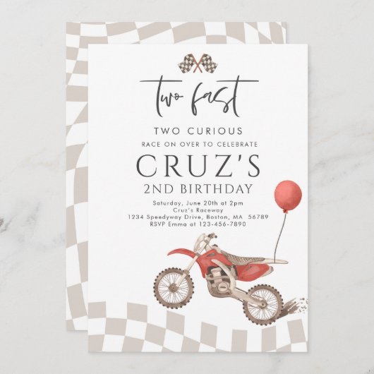 2高速2つの好奇心のあるダートバイク2nd誕生日パーティー 招待状 (正面/裏面)