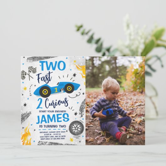 2高速2好奇心の青2番目の誕生日の写真 招待状 (スタンド正面)