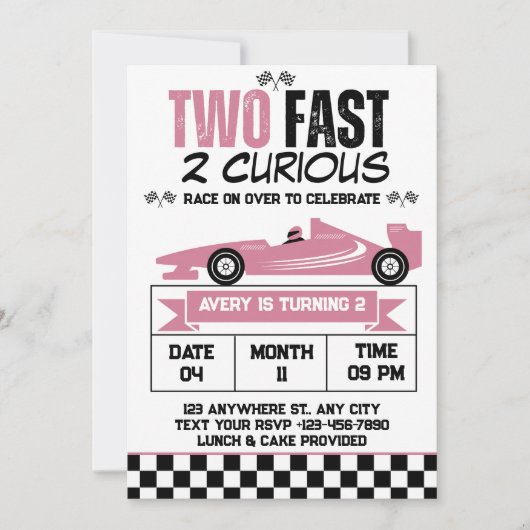 2高速2好奇心ピンクヴィンテージカーガール誕生日 招待状 (正面)