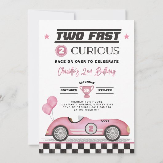2高速2好奇心ピンクヴィンテージカーガール誕生日 招待状 (正面)