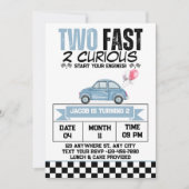 2高速2好奇心ブルーヴィンテージカー誕生日ボーイ 招待状 (正面)