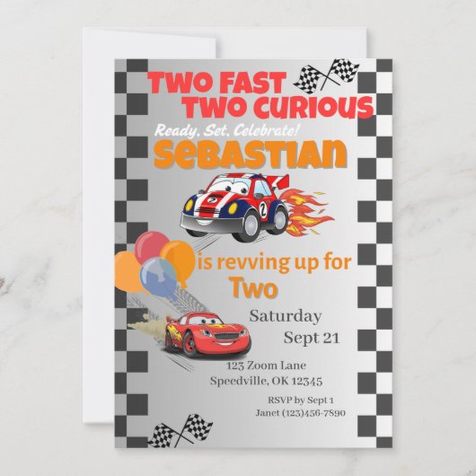 2高速2好奇心レースカー誕生日招待状 招待状 (正面)