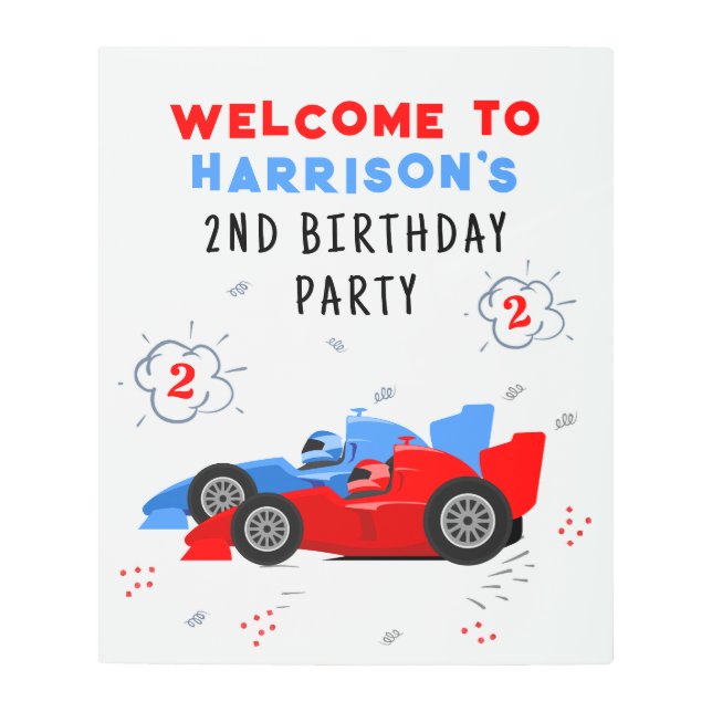 2高速2歳の誕生日キッズレーシングカーへようこそ メタルプリント (正面)
