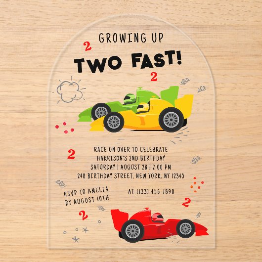2高速2歳の誕生日キッズレーシングカー アクリル招待状 (正面)