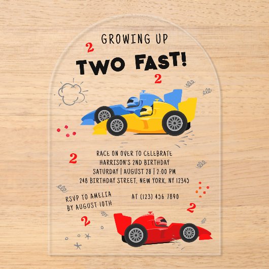 2高速2歳の誕生日キッズレーシングカー アクリル招待状 (正面)