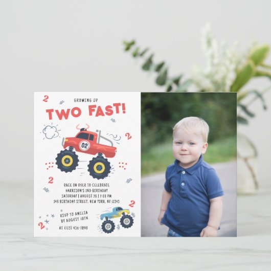 2高速2番目の誕生日キッズモンスターカートラックの写真 招待状 (スタンド正面)