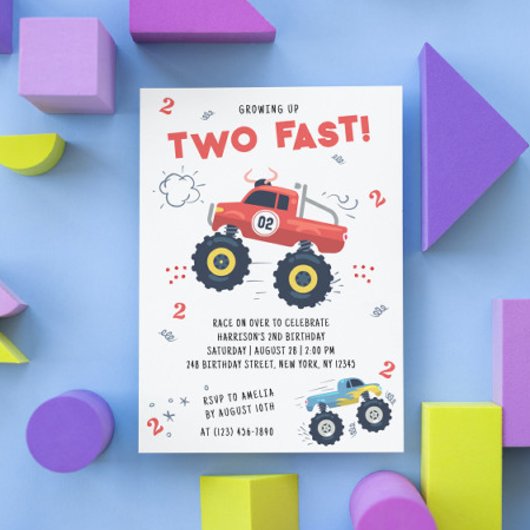 2高速2番目の誕生日キッズモンスターカートラック 招待状