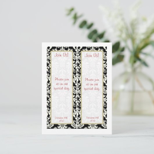 2黒/白のダマスクのウェディング救日のブックマーク 案内ポストカード (スタンド正面)