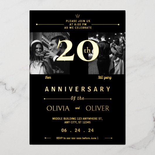 20おもしろい周年結婚当時と現在の金ゴールド 箔招待状 (正面)