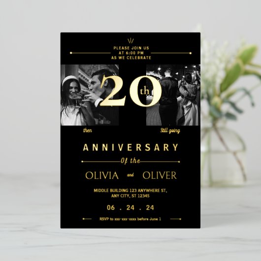 20おもしろい周年結婚当時と現在の金ゴールド 箔招待状 (立ち正面)