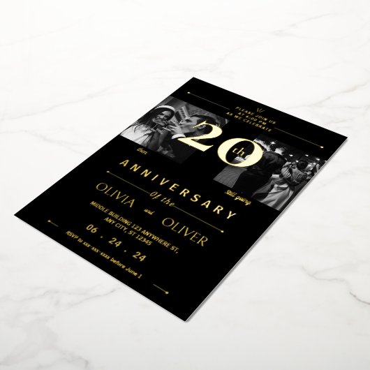 20おもしろい周年結婚当時と現在の金ゴールド 箔招待状 (回転した状態)