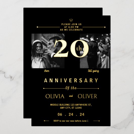 20おもしろい周年結婚当時と現在の金ゴールド 箔招待状 (正面/裏面)