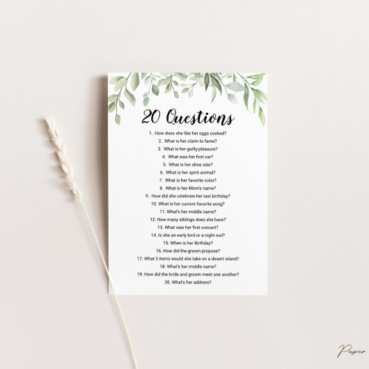 20の質問：花嫁についての花嫁シャワーゲーム 招待状