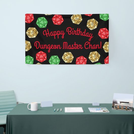 20サイドサイコロDNDゲーム誕生日グリーンレッド金ゴールド 横断幕 (トレードショー)