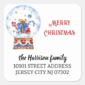 20スノーグローブ差出人住所ブルーレッドクリスマス スクエアシール (正面)