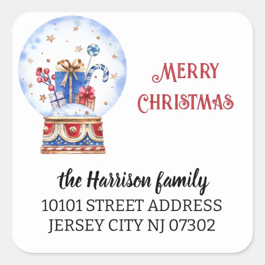 20スノーグローブ差出人住所ブルーレッドクリスマス スクエアシール (正面)
