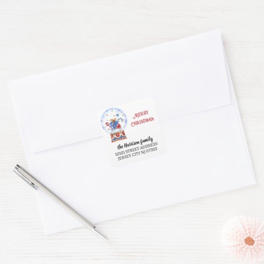 20スノーグローブ差出人住所ブルーレッドクリスマス スクエアシール (封筒)